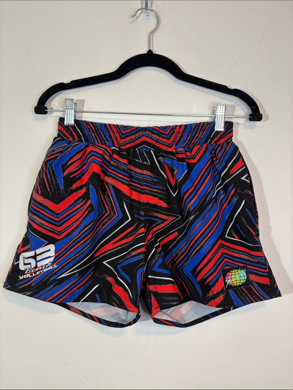 Slunks Beach Women’s Volleyball Shorts Retro Neon Blue Red Black Geometric AVP